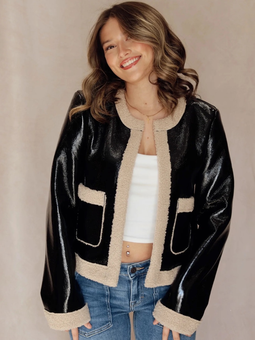 Steve Madden Black Faux Leather Jacket with Cream Trim